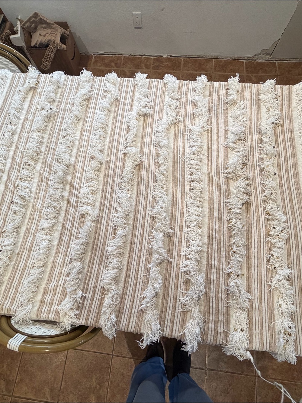 Anthropologie Neutral Beige Striped Fringe Throw